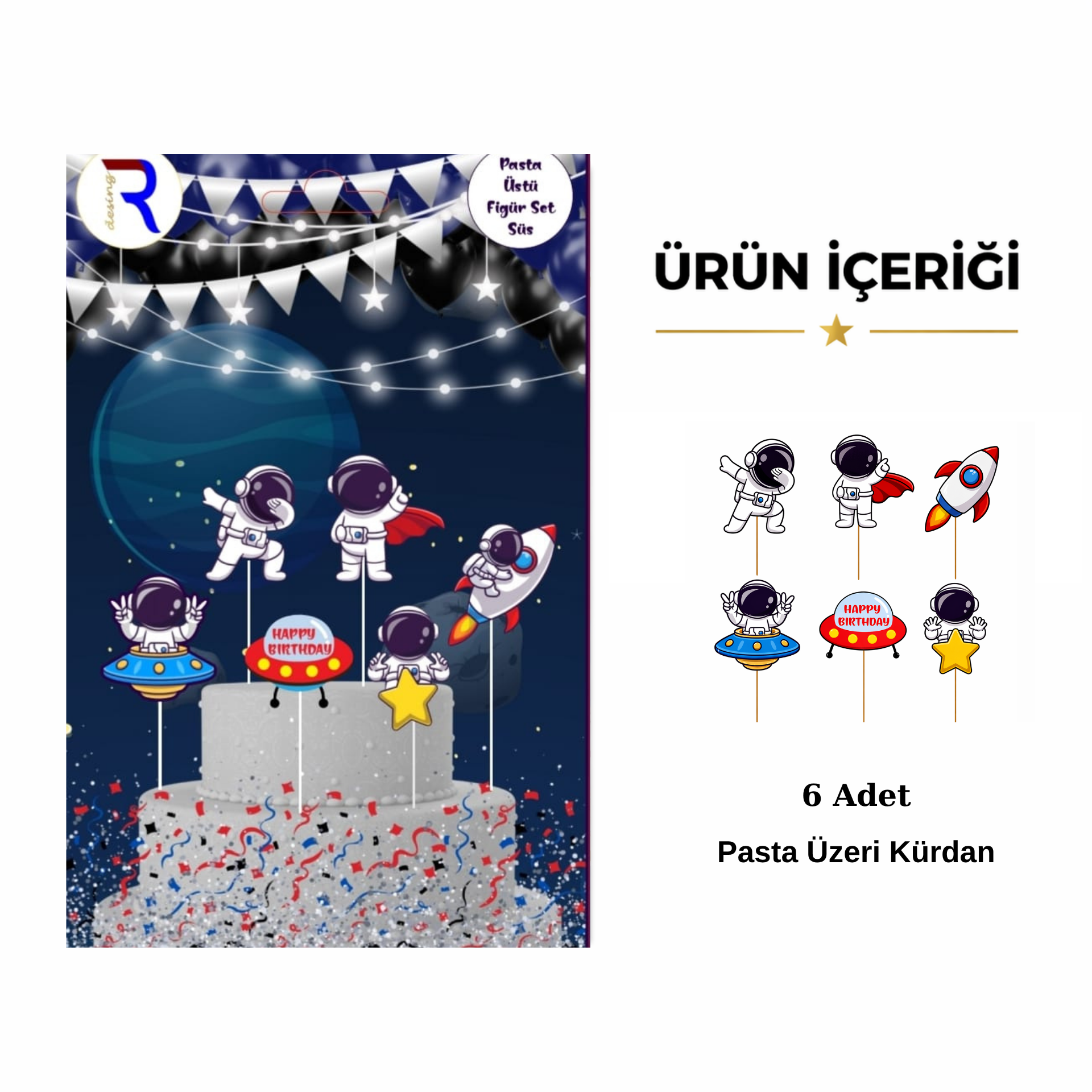 Uzay Temalı Doğum Günü Pasta Üstü Kürdan Seti