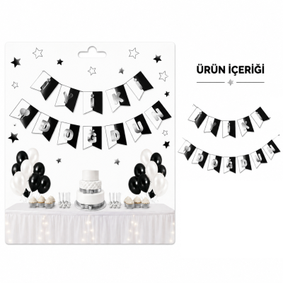 İyi ki Doğdun Zikzak Banner SiyahBeyaz/Gümüş