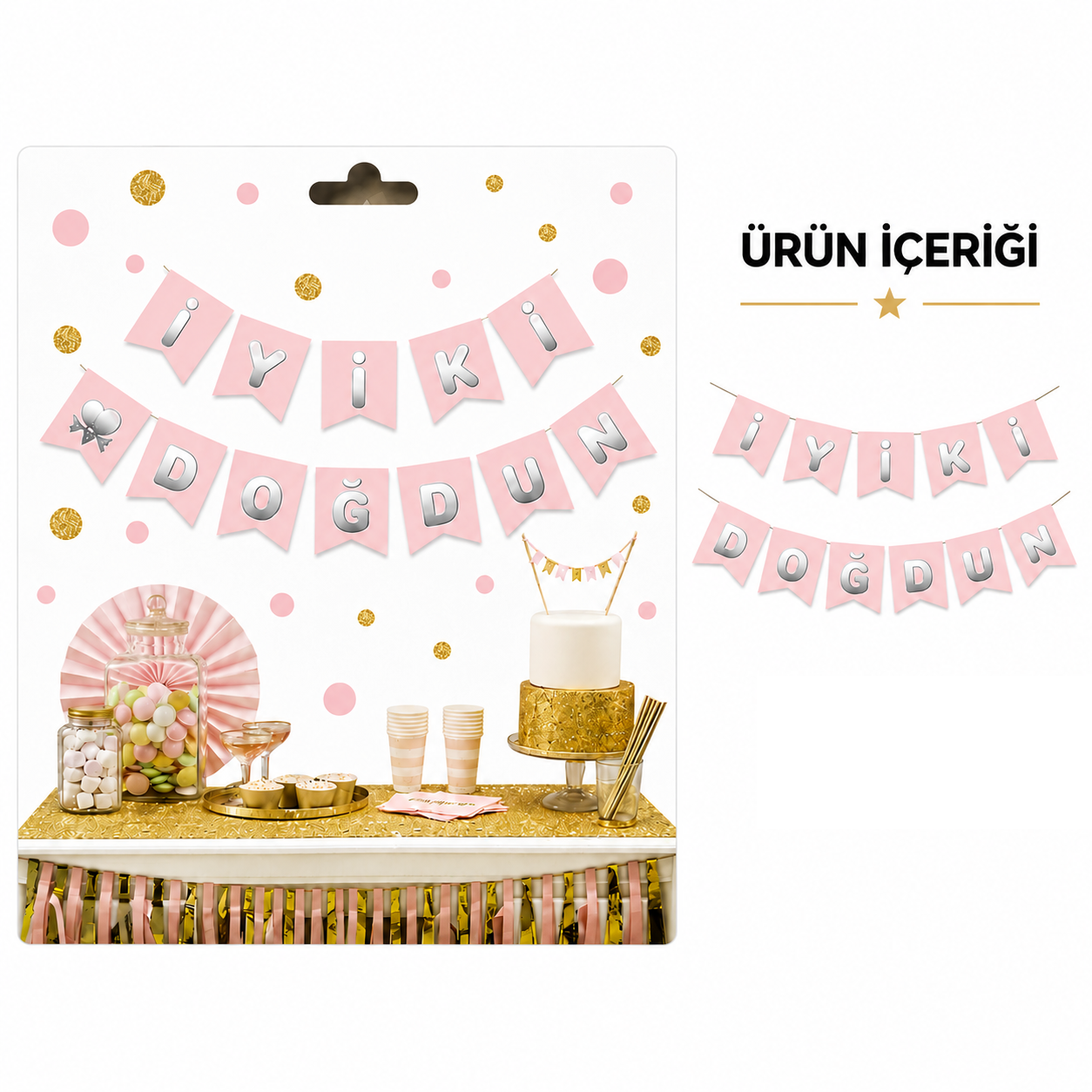 İyi ki Doğdun Zikzak Banner Pembe/Gümüş