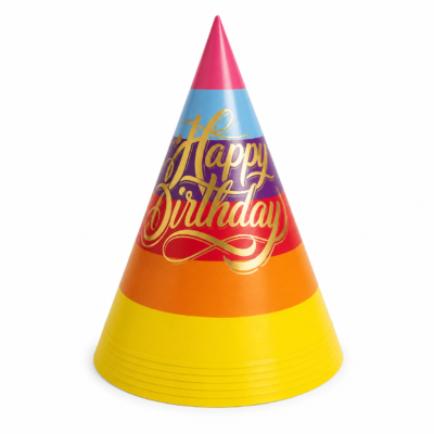 20’li Renkli Happy Birthday Parti Şapkası – Gold Yazılı Doğum Günü Şapkası