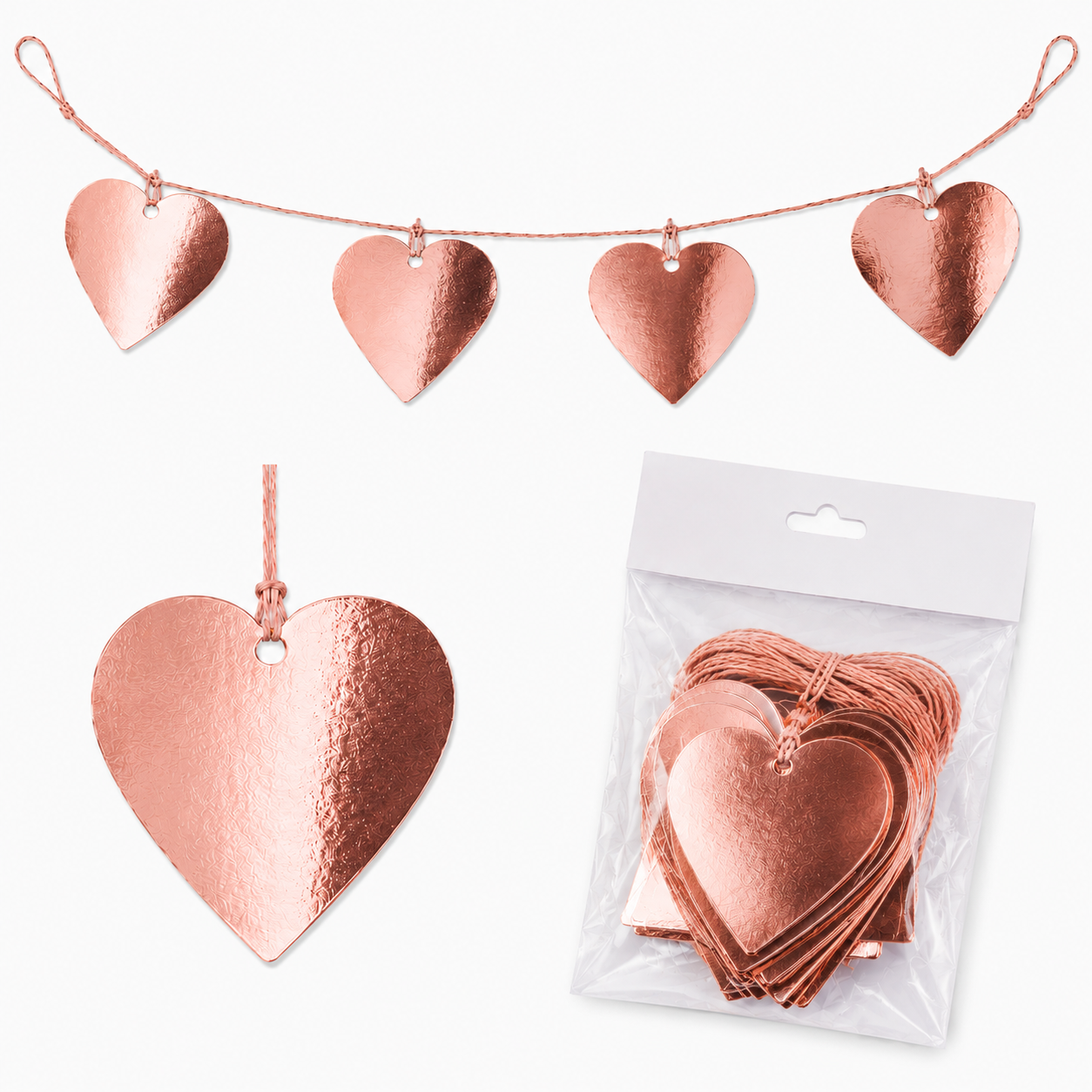 4 metre uzunluğunda parlak rose gold kalp figürlü dekoratif sarkıt banner süs modeli