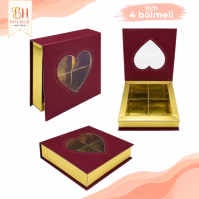 Bordo Kalpli Pencereli Hediye Kutusu 4 Bölmeli | Gold İç Hazneli Sunum Kutusu