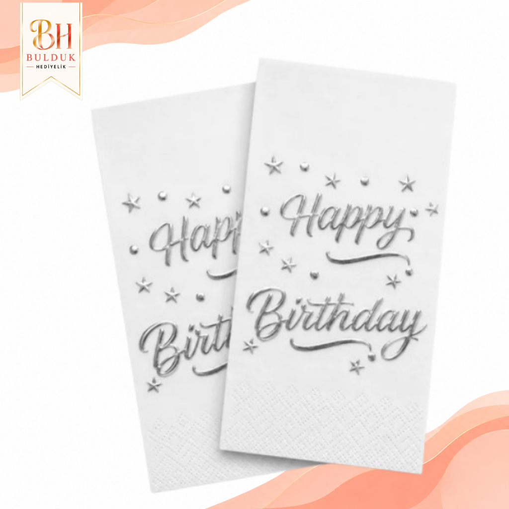 Garson Katlama Gümüş Varaklı Happy Birthday Peçete – Şık Doğum Günü Peçetesi