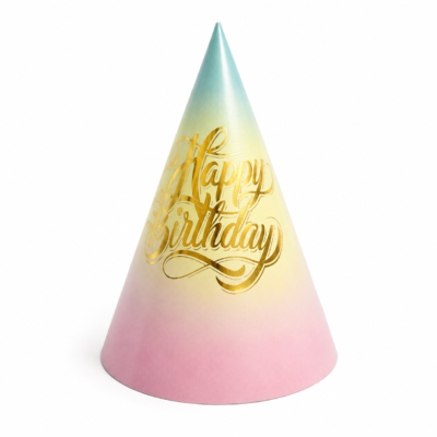 20’li Pastel Happy Birthday Parti Şapkası – Gold Yazılı Doğum Günü Şapkası