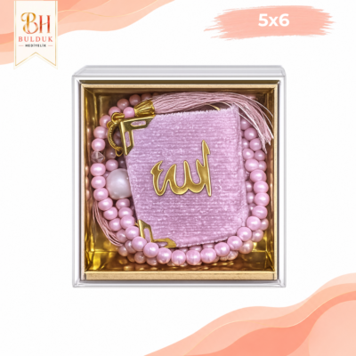 Pembe Kadife Mini Kur'an ve Tesbih Seti Kutulu | Mevlüt, Hac, Umre Hediyeliği