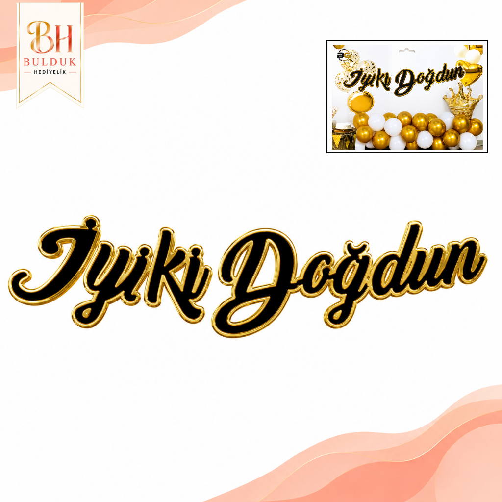 İyi Ki Doğdun Siyah Parlak Gold Çerçeveli Kaligrafi Banner | Doğum Günü Parti Süsü