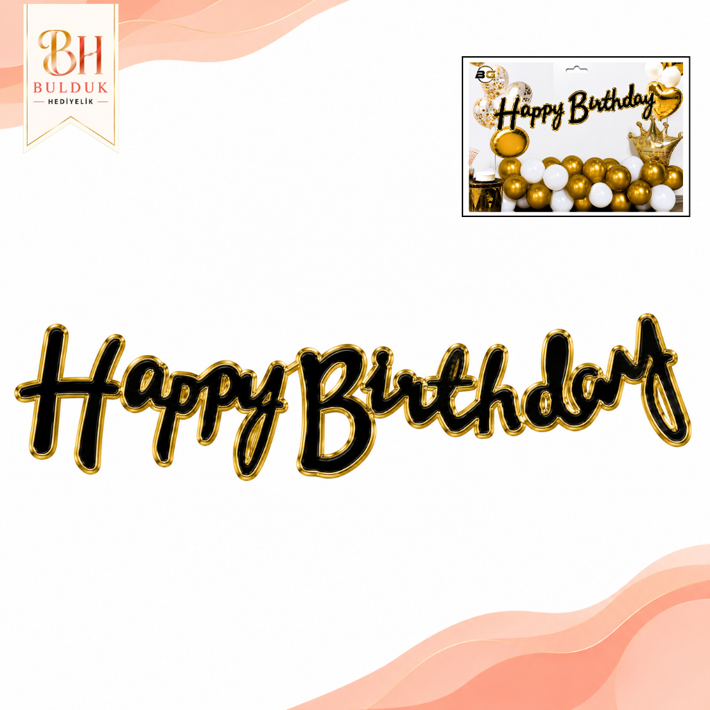 Happy Birthday Siyah Parlak Gold Çerçeveli Kaligrafi Banner | Doğum Günü Parti Süsü