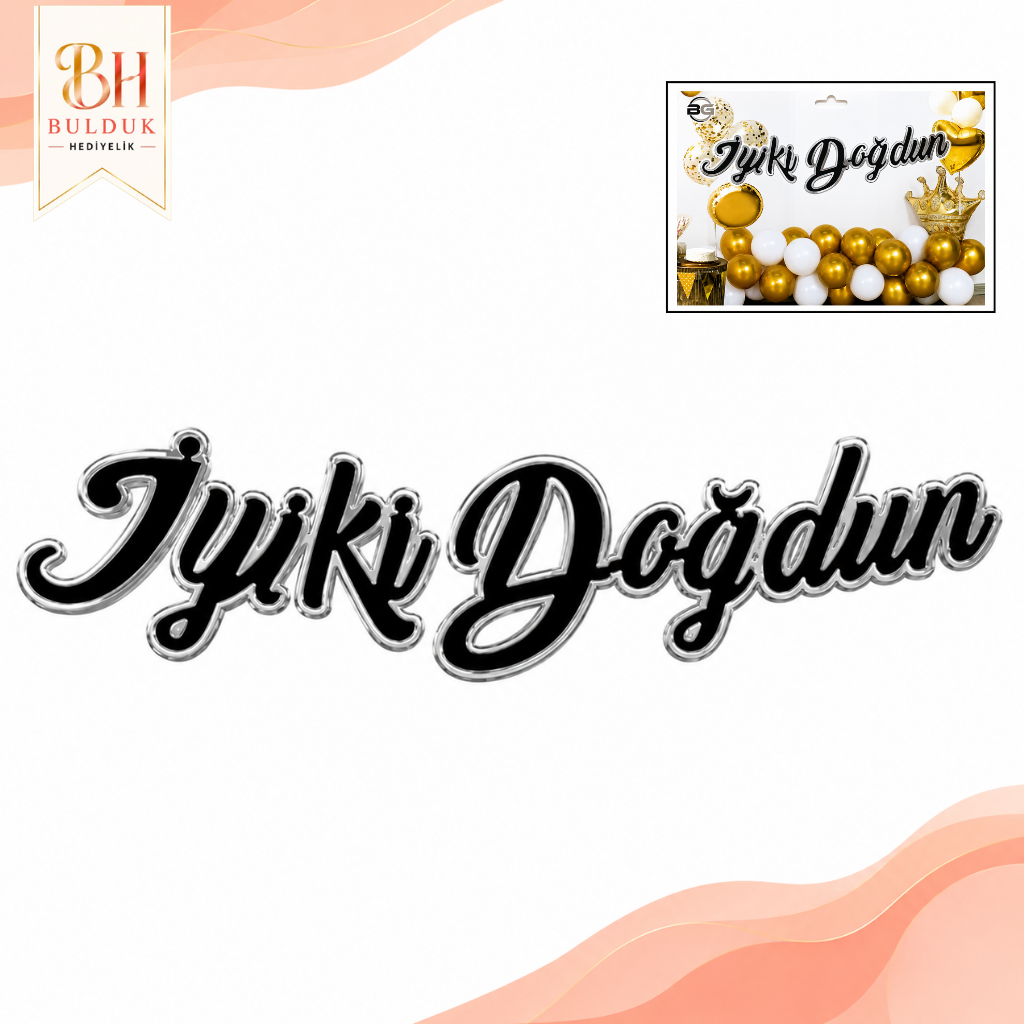 İyi Ki Doğdun Siyah Parlak Gümüş Çerçeveli Kaligrafi Banner | Doğum Günü Parti Süsü