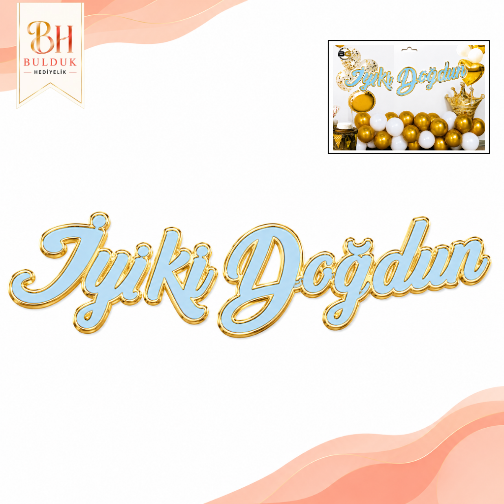İyi Ki Doğdun Mavi Parlak Gold Çerçeveli Kaligrafi Banner | Doğum Günü Parti Süsü